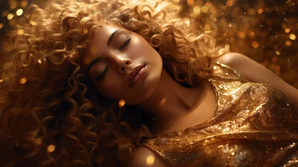 Fotobehang Beautiful Curly woman in gold dress on golden glitter background, Beautiful woman with closed eyes, curly hair. Luxury and premium illustration for advertising product design.. Generative AI. © Artem