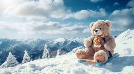 A teddy bear sits on skis and looks at snowy winter mountains. Christmas and winter holidays - obrazy, fototapety, plakaty