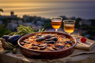 A clay dish, caressed by layers of alluring moussaka, with creamy béchamel sauce and spiced meat vividly in focus, settles gracefully on a rustic Grecian table - obrazy, fototapety, plakaty