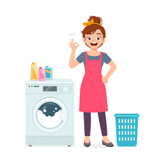 young woman wash dirty clothes with washing machine