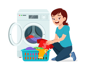 young woman put dirty clothes to washing machine