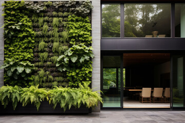 Residential building with vertical garden on the wall. Architecture, decor, eco concept