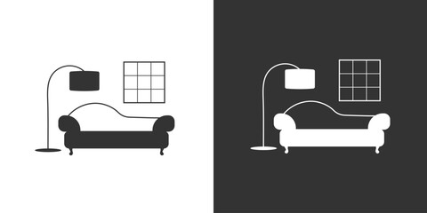 Fragment of a living room interior with a sofa and floor lamp. Simple black and white vector icon.