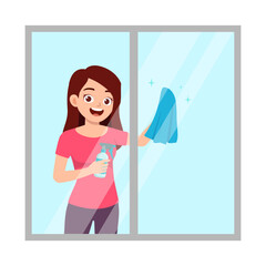 young woman cleaning window from dust