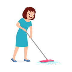 young woman mopping dirty floor and feel happy