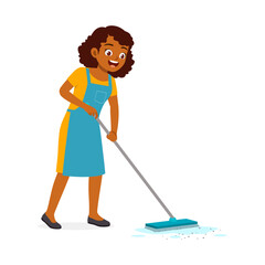 young woman mopping dirty floor and feel happy