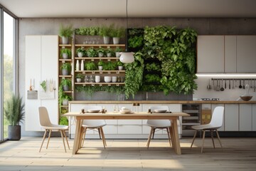 Cozy kitchen with vertical garden on the wall. Architecture, decor, eco concept
