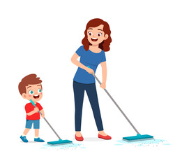 little kid helping mother to mop the floor