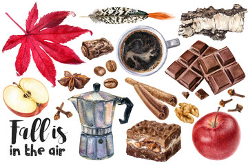 Watercolor illustration of coffee, mocha pot, pumpkin, spices, leaves and desserts close up. A hand-drawn Halloween autumn set.