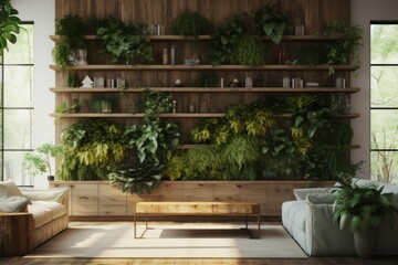 Fototapeta na wymiar Stylish home interior with background from leaves and plants. Plant wall with lush green colors