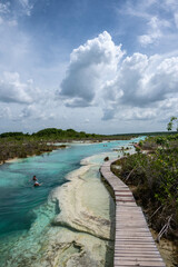 Obraz premium blue river rapids connection to the bacalar lake