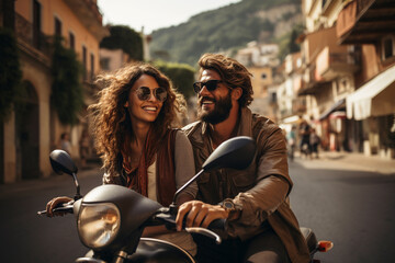 Love, romance fun on vacation concept. Young couple laugh riding motorbike in city. Happy student lifestyle job girl laughing driving cheerful smiling. Girlfriend and boyfriend travel on holidays - obrazy, fototapety, plakaty
