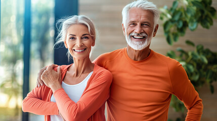 mature couple relaxed with tracksuit orange for active exercise. Senior couple with outfit for training sport fitness home. Generative Ai - Powered by Adobe