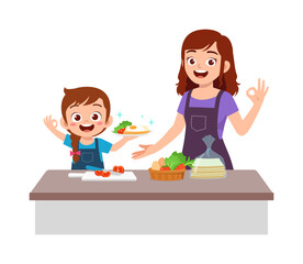 little kid helping mother preparing food for breakfast