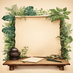 Blank parchment wood table green jungle plant beautiful atmosphere white background Birds Eye view