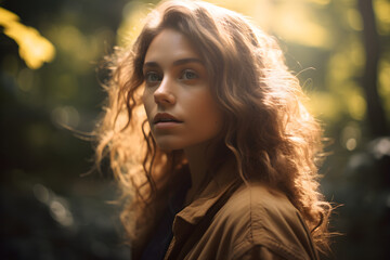 Naklejka premium A woman with long hair standing in a forest