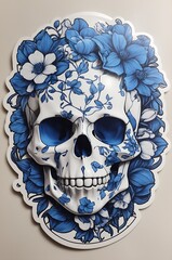 White Human skull with blue flowers around skull. designed like a sticker 