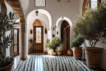 Fototapeta na wymiar role of potted olive trees and ceramic tiles in enhancing the Mediterranean vibe of the hallway with an arched door in a farmhouse.