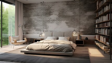 Modern bedroom interior in natural tones in loft style with interior painting.