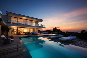 Fototapeta premium Modern two-storey villa with a large swimming pool and a terrace against the sunset.