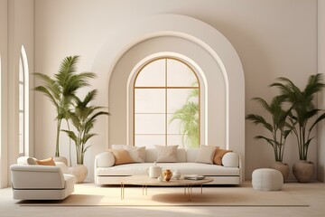 The modern interior of a laconic light, white room with a sofa under an arched window, in beige pastel colors and exotic plants. Home decor.