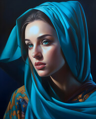 Naklejka premium A woman wearing a blue shawl