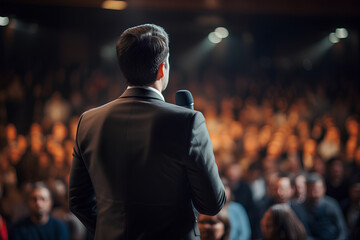 Back view of an orator giving a speech to the public