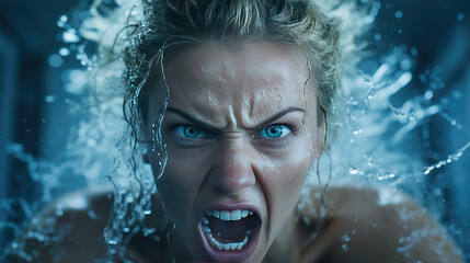woman screaming in water, scary face, blue tone
