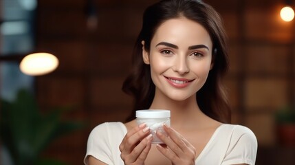 Beautiful woman smile use cream for good skin. face of a healthy woman apply cream and makeup. Advertisement for skin cream, anti-wrinkle, baby face, whitening, moisturizer, tighten pores serum