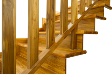 Wooden staircase and handrail on transparent background (PNG File)