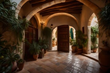 Fototapeta na wymiar Write a narrative about the enchanting journey through a hallway with a gracefully curved arched door, leading you into a Mediterranean oasis filled with rustic elegance.