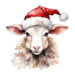 Cute sheep wearing a santa hat. Lamb Christmas, isolated on white transparent background