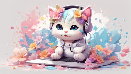 illustration of a cute cat using headphones and a laptop