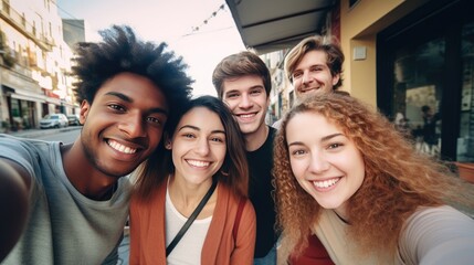 Mixed group of young people taking a selfie outdoors