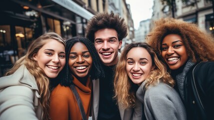 Mixed group of young people taking a selfie outdoors
