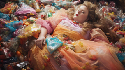 AI-generated image of a woman buried under a mountain of discarded candy wrappers. The emotional complexities tied to body shaming, lack of healthy food choices, eating disorders, and deep loneliness  - obrazy, fototapety, plakaty