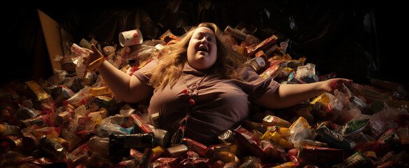 Fototapeta na wymiar AI-generated photo of a woman buried under a mountain of discarded candy wrappers. The emotional complexities tied to body shaming, lack of healthy food choices, eating disorders, and deep loneliness 