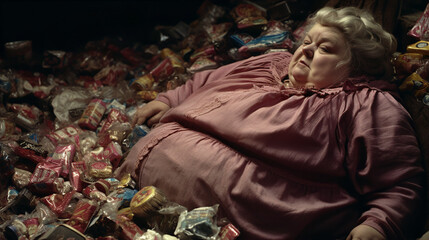 Fototapeta na wymiar AI-generated photo of a woman buried under a mountain of discarded candy wrappers. The emotional complexities tied to body shaming, lack of healthy food choices, eating disorders, and deep loneliness 