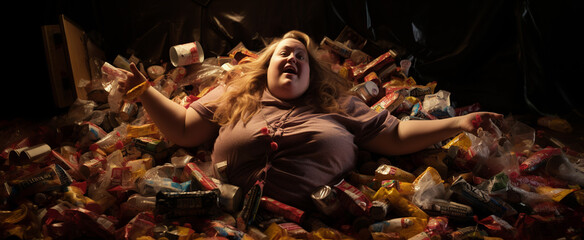 AI-generated photo of a woman buried under a mountain of discarded candy wrappers. The emotional complexities tied to body shaming, lack of healthy food choices, eating disorders, and deep loneliness  - obrazy, fototapety, plakaty