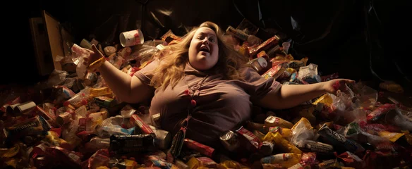 Zelfklevend Fotobehang AI-generated photo of a woman buried under a mountain of discarded candy wrappers. The emotional complexities tied to body shaming, lack of healthy food choices, eating disorders, and deep loneliness  © Guttersnipe
