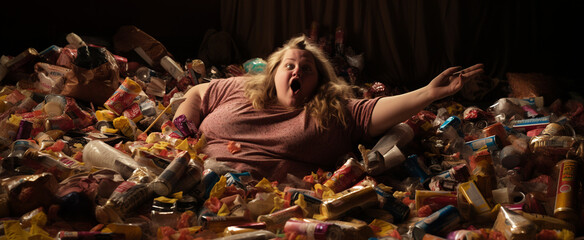 AI-generated photo of a woman buried under a mountain of discarded candy wrappers. The emotional complexities tied to body shaming, lack of healthy food choices, eating disorders, and deep loneliness 