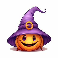 Happy Halloween carved pumpkin in purple witch hat 