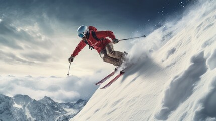 Fototapeta na wymiar Skiing on an extreme slope