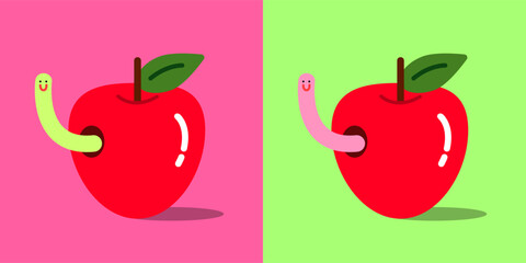 apple with cute worm cartoon vector illustration
