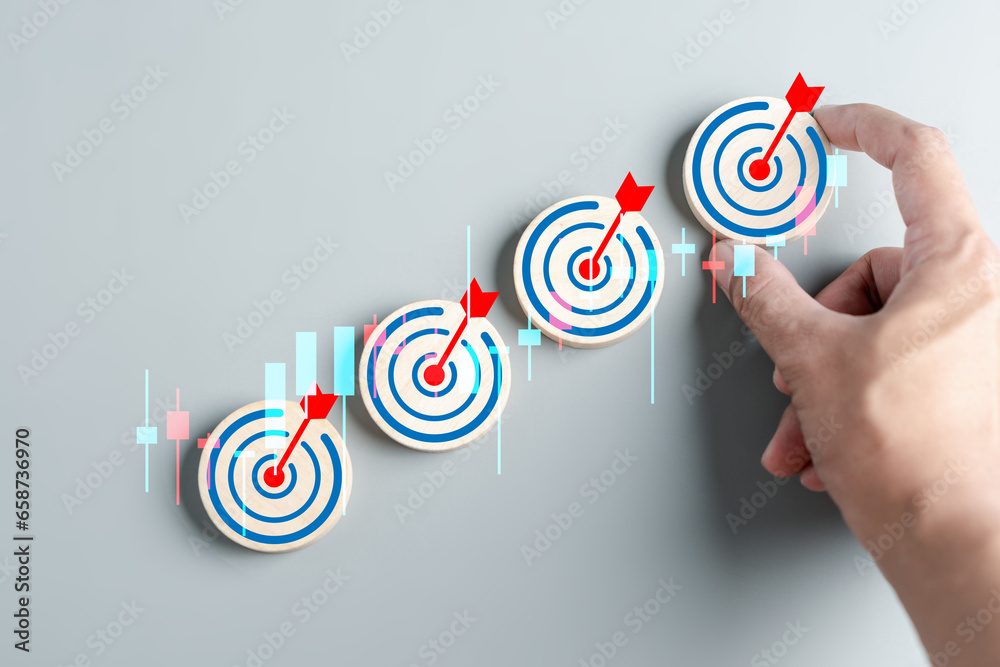 Aufkleber target icon which for planning development leadership and customer target group concept.