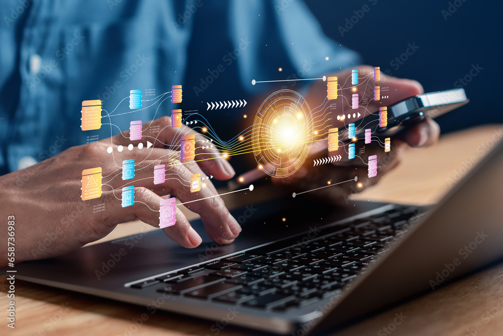 Poster Businessman using ai technology for data analytics, Artificial Intelligence generate. Futuristic technology, robot in online system. Business in future to invest and develop corporate concept.