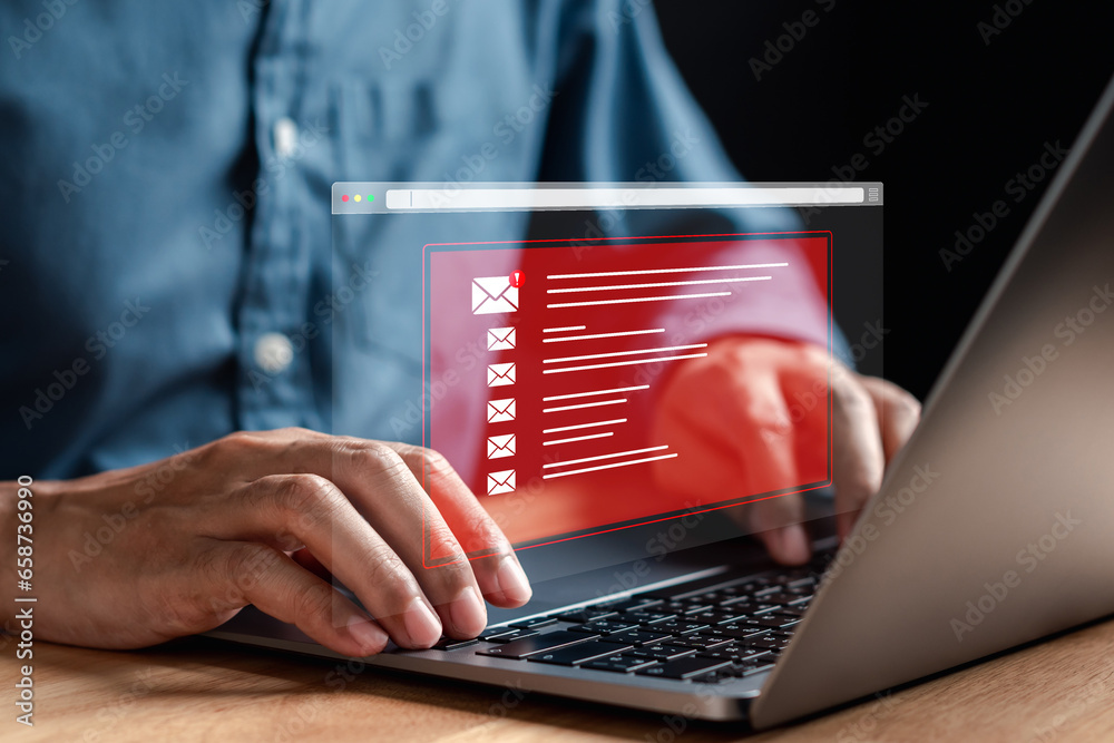 Poster Alert Email inbox and spam virus with warning caution for notification on internet letter security protect, junk and trash mail and compromised information.