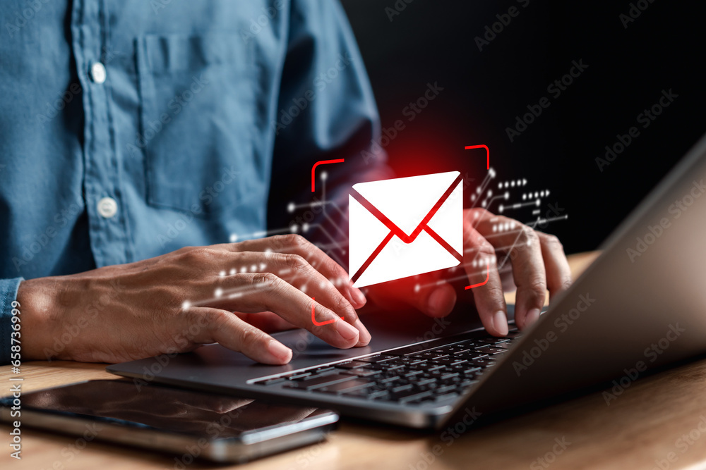 Poster Alert Email inbox and spam virus with warning caution for notification on internet letter security protect, junk and trash mail and compromised information.