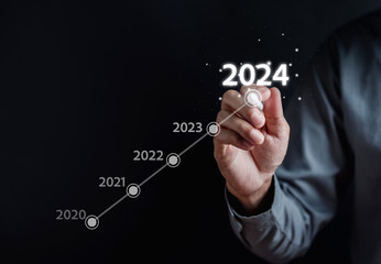 Steps Growth up of Happy new year resolution planning and challenge strategy business with arrow up in New year 2024 with chart graph and countdown merry christmas and happy new year concept.