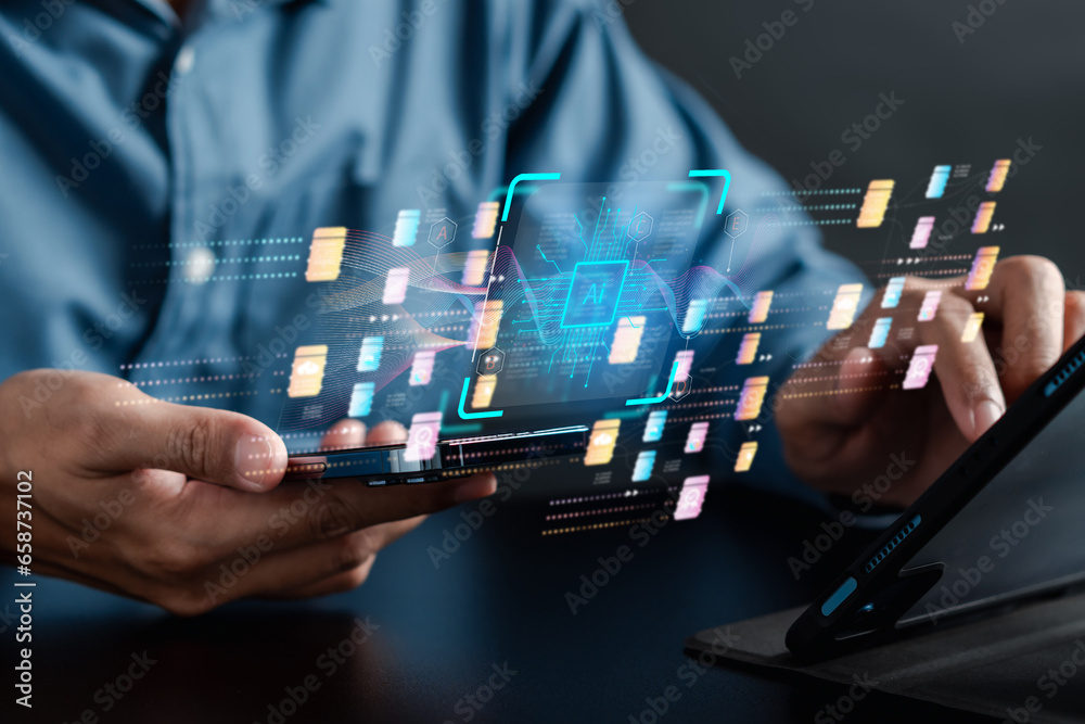 Aufkleber Businessman using ai technology for data analytics, Artificial Intelligence generate. Futuristic technology, robot in online system. Business in future to invest and develop corporate concept.